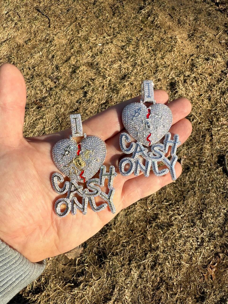 MOISSANITE No Love Broken Heart "CASH ONLY" Hip Hop Pendant - 14k Gold Vermeil Or 925 Silver - Large 3"