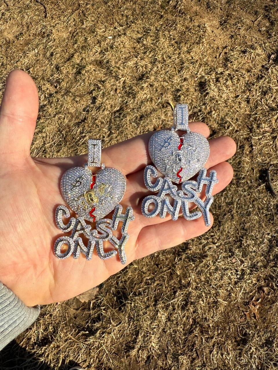 MOISSANITE No Love Broken Heart "CASH ONLY" Hip Hop Pendant - 14k Gold Vermeil Or 925 Silver - Large 3"