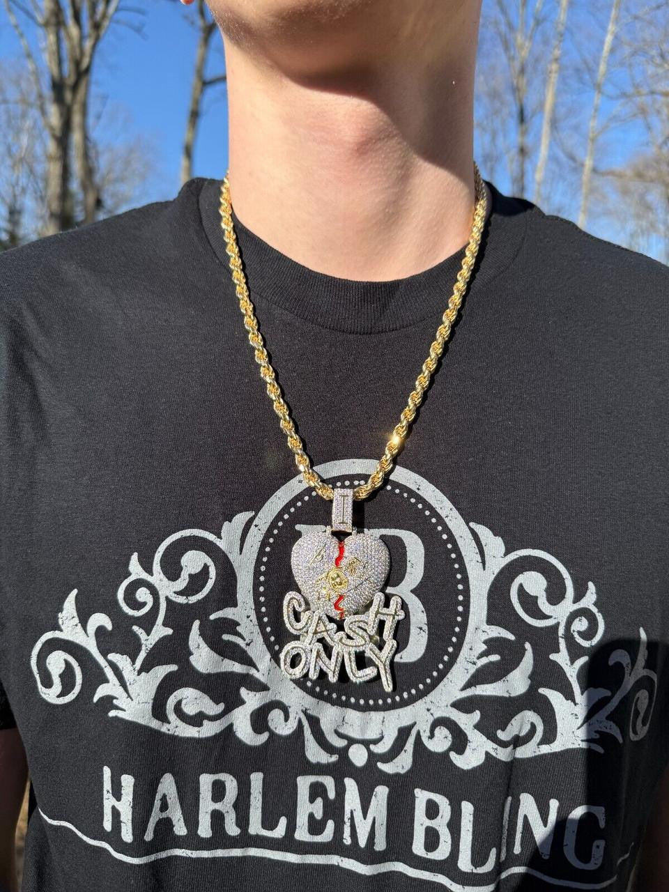 MOISSANITE No Love Broken Heart "CASH ONLY" Hip Hop Pendant - 14k Gold Vermeil Or 925 Silver - Large 3"