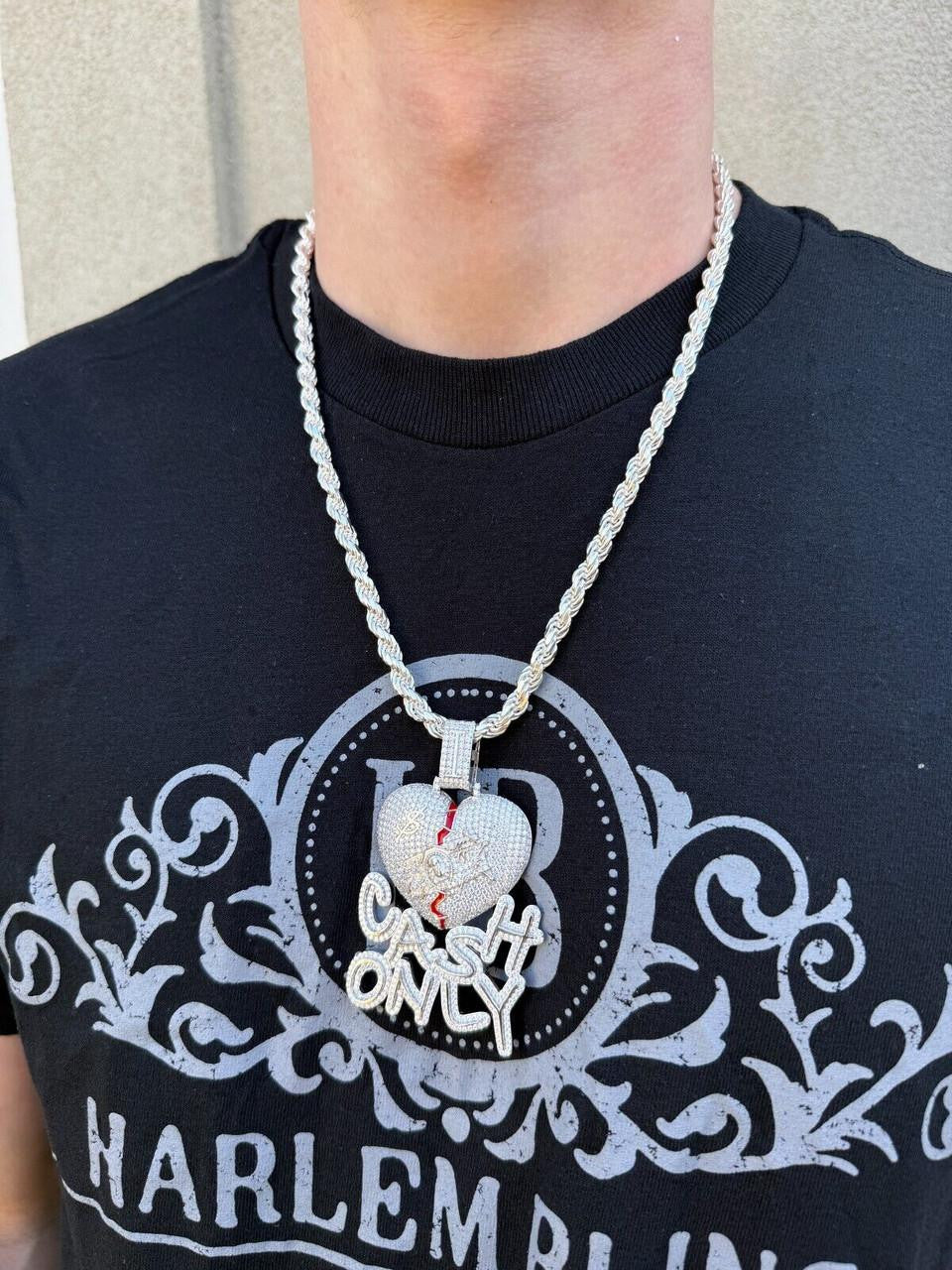 MOISSANITE No Love Broken Heart "CASH ONLY" Hip Hop Pendant - 14k Gold Vermeil Or 925 Silver - Large 3"