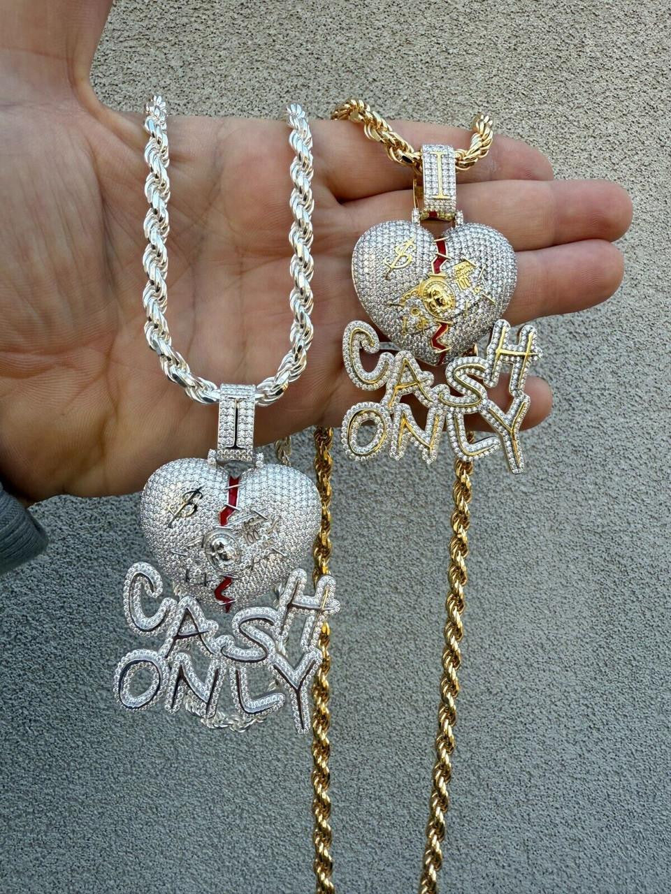 MOISSANITE No Love Broken Heart "CASH ONLY" Hip Hop Pendant - 14k Gold Vermeil Or 925 Silver - Large 3"