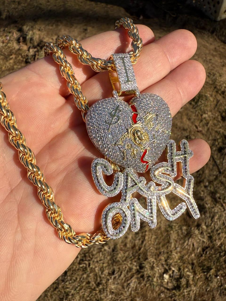 MOISSANITE No Love Broken Heart "CASH ONLY" Hip Hop Pendant - 14k Gold Vermeil Or 925 Silver - Large 3"