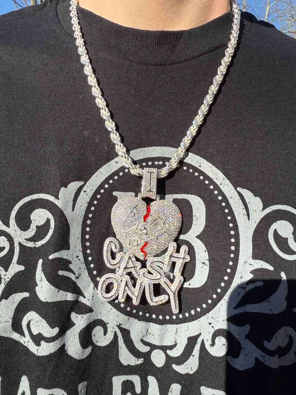MOISSANITE No Love Broken Heart "CASH ONLY" Hip Hop Pendant - 14k Gold Vermeil Or 925 Silver - Large 3"