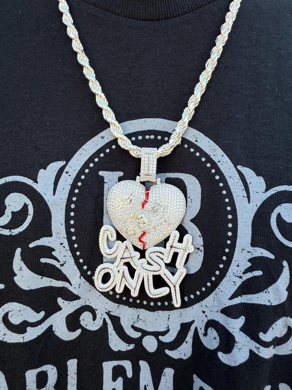 MOISSANITE No Love Broken Heart "CASH ONLY" Hip Hop Pendant - 14k Gold Vermeil Or 925 Silver - Large 3"