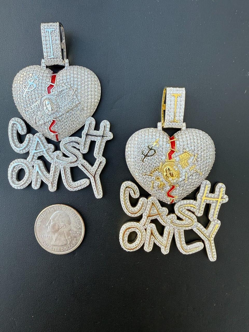 MOISSANITE No Love Broken Heart "CASH ONLY" Hip Hop Pendant - 14k Gold Vermeil Or 925 Silver - Large 3"