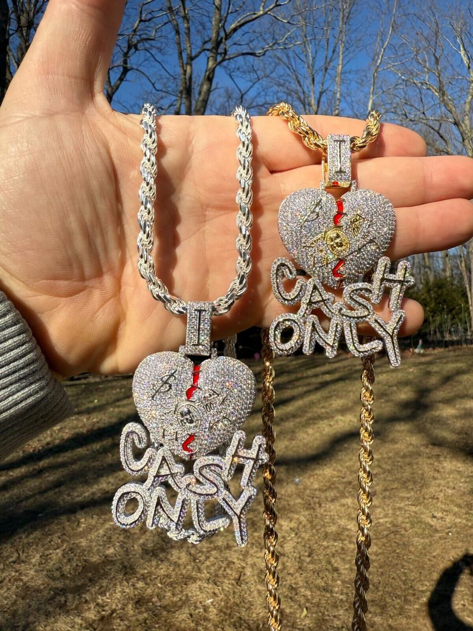 MOISSANITE No Love Broken Heart "CASH ONLY" Hip Hop Pendant - 14k Gold Vermeil Or 925 Silver - Large 3"