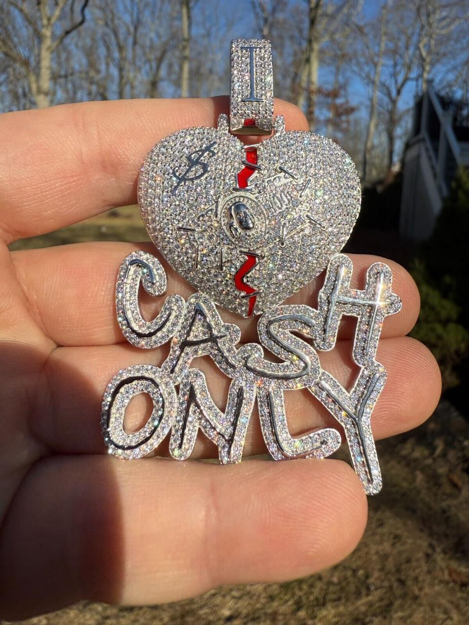 MOISSANITE No Love Broken Heart "CASH ONLY" Hip Hop Pendant - 14k Gold Vermeil Or 925 Silver - Large 3"
