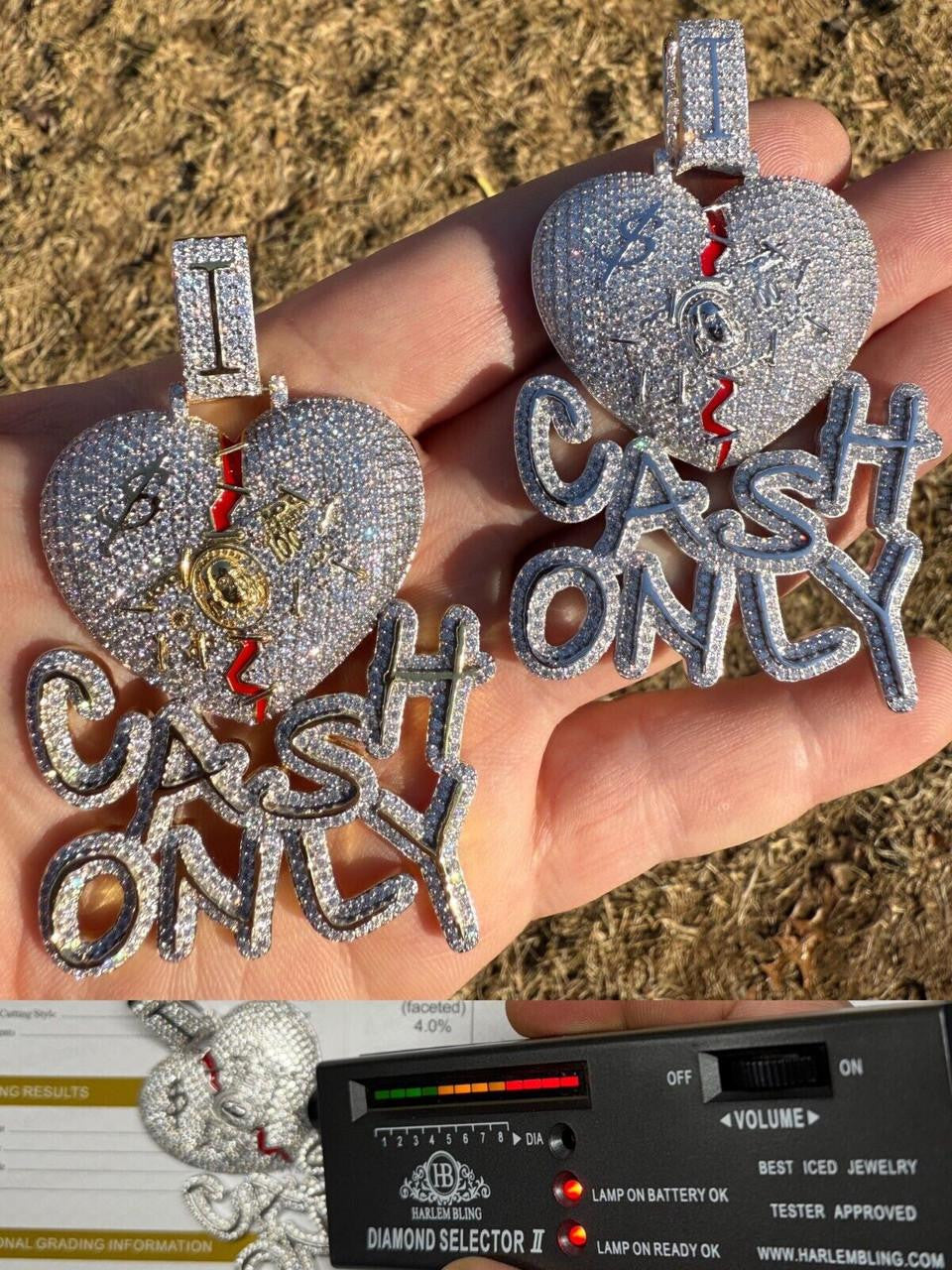 MOISSANITE No Love Broken Heart "CASH ONLY" Hip Hop Pendant - 14k Gold Vermeil Or 925 Silver - Large 3"