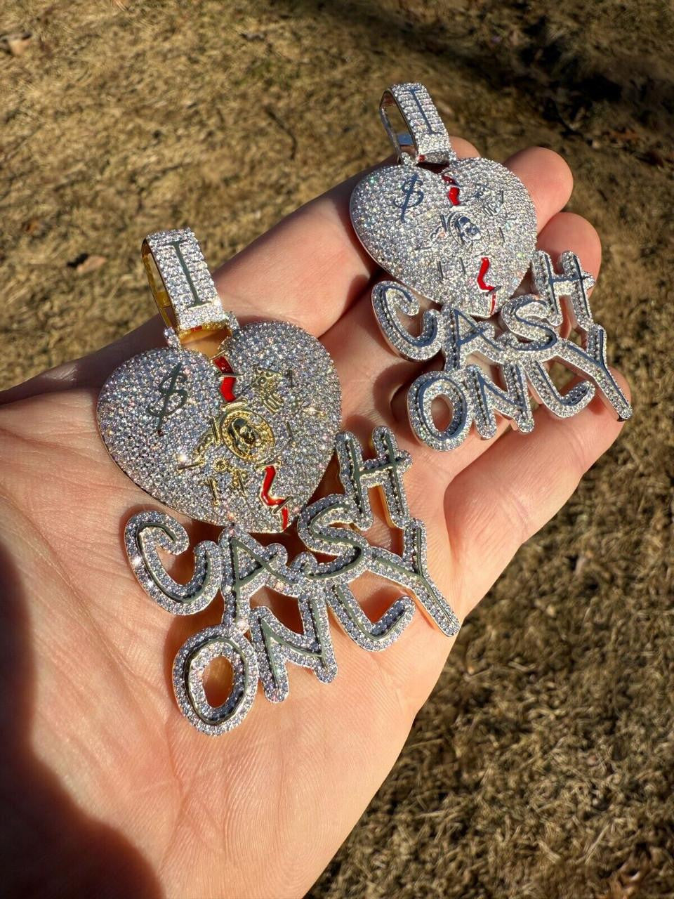 MOISSANITE No Love Broken Heart "CASH ONLY" Hip Hop Pendant - 14k Gold Vermeil Or 925 Silver - Large 3"