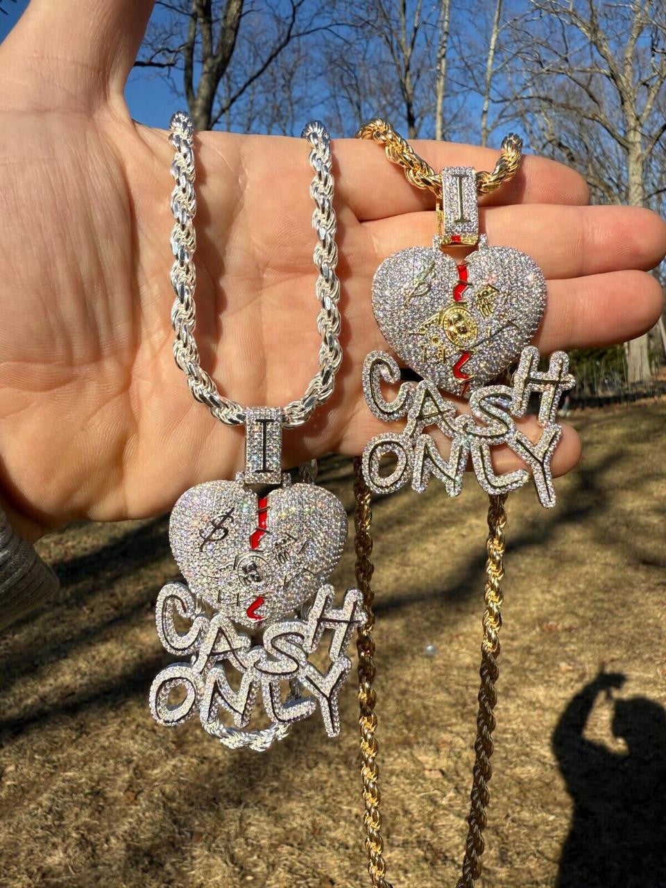 MOISSANITE No Love Broken Heart "CASH ONLY" Hip Hop Pendant - 14k Gold Vermeil Or 925 Silver - Large 3"