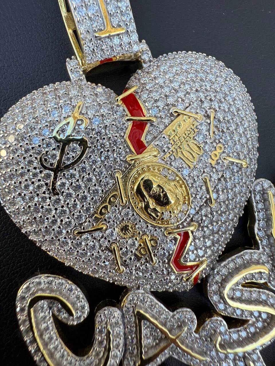 MOISSANITE No Love Broken Heart "CASH ONLY" Hip Hop Pendant - 14k Gold Vermeil Or 925 Silver - Large 3"