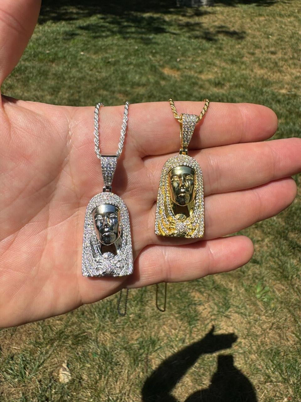 MOISSANITE Our Lady Of Sorrows Virgin Mary Pendant - 14k Yellow Gold Vermeil Or 925 Silver - Medium 1.75"