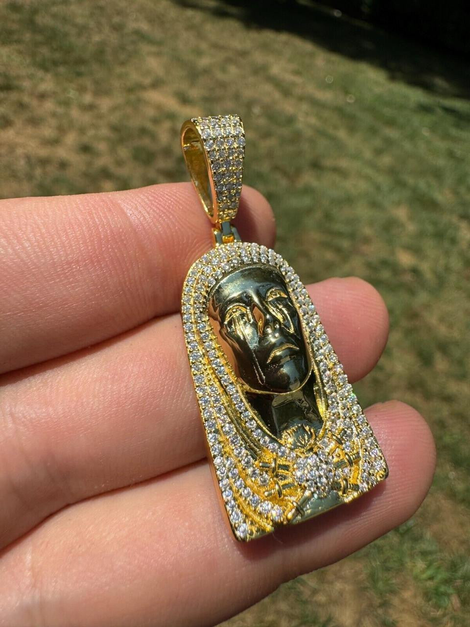 MOISSANITE Our Lady Of Sorrows Virgin Mary Pendant - 14k Yellow Gold Vermeil Or 925 Silver - Medium 1.75"