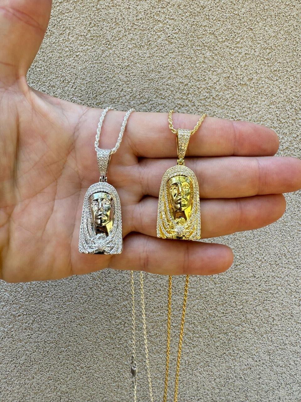 MOISSANITE Our Lady Of Sorrows Virgin Mary Pendant - 14k Yellow Gold Vermeil Or 925 Silver - Medium 1.75"
