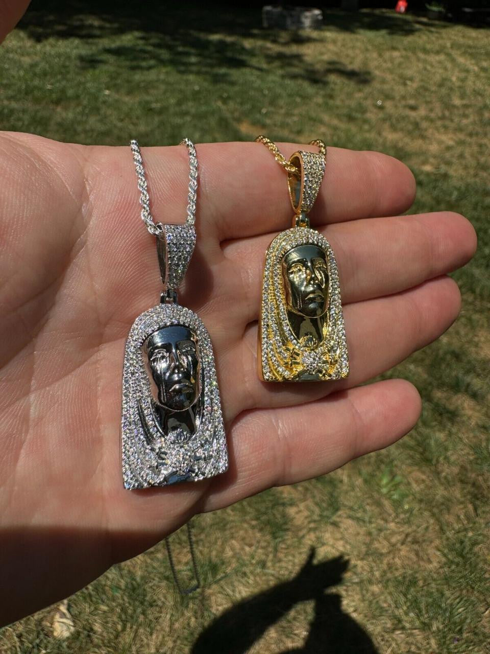 MOISSANITE Our Lady Of Sorrows Virgin Mary Pendant - 14k Yellow Gold Vermeil Or 925 Silver - Medium 1.75"