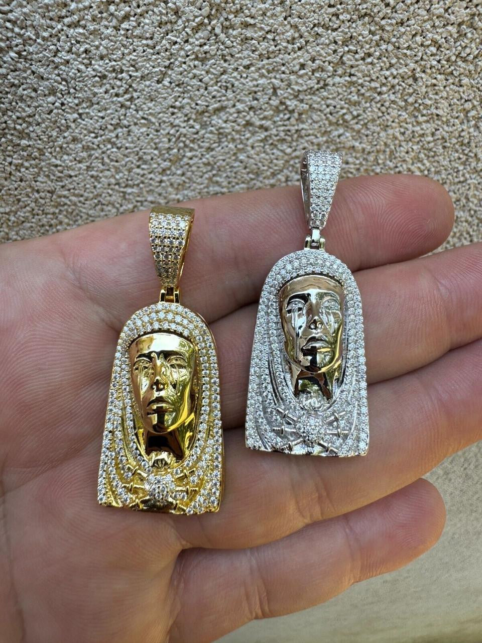 MOISSANITE Our Lady Of Sorrows Virgin Mary Pendant - 14k Yellow Gold Vermeil Or 925 Silver - Medium 1.75"