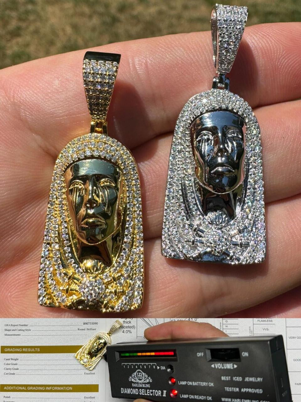 MOISSANITE Our Lady Of Sorrows Virgin Mary Pendant - 14k Yellow Gold Vermeil Or 925 Silver - Medium 1.75"