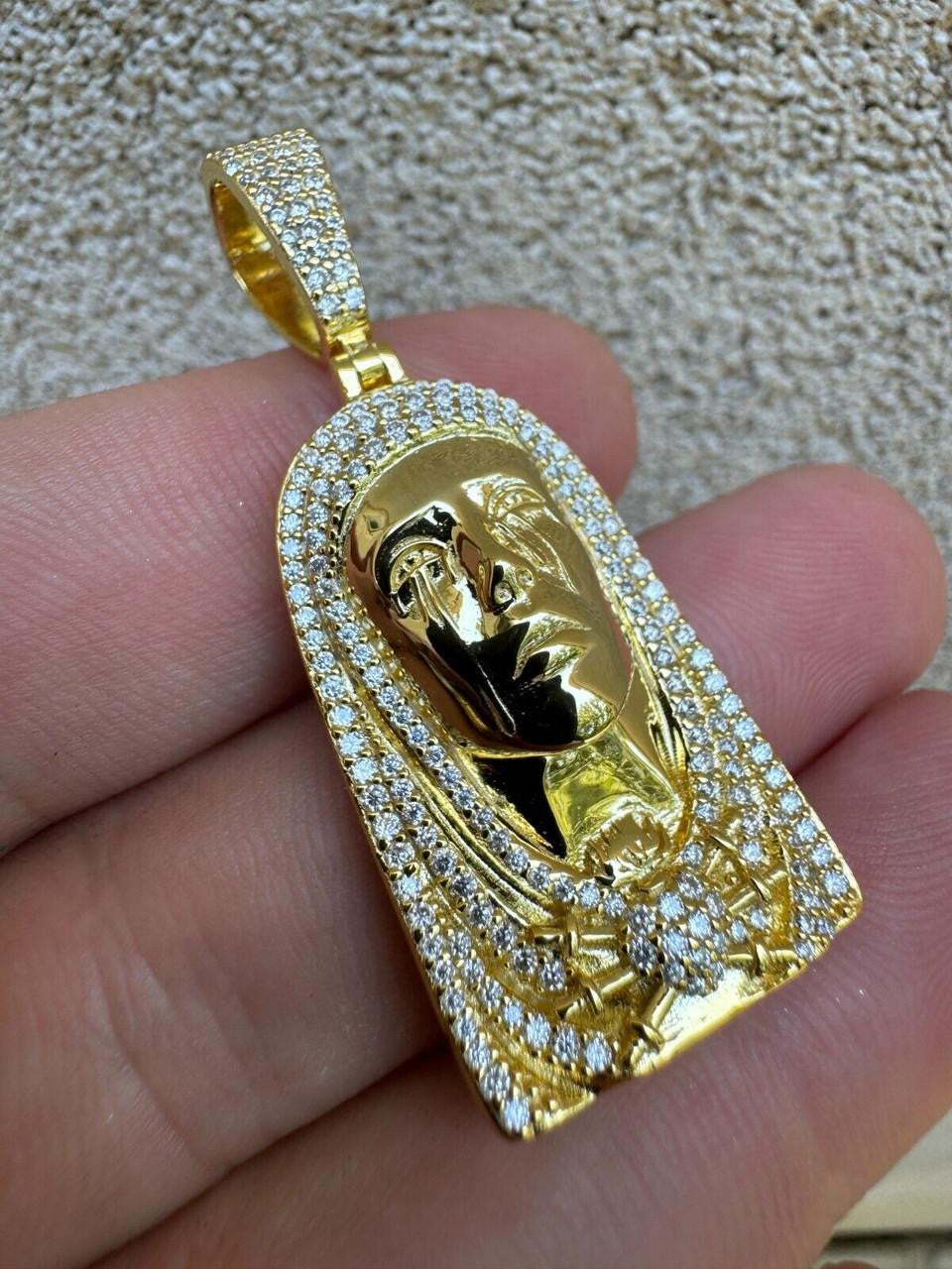 MOISSANITE Our Lady Of Sorrows Virgin Mary Pendant - 14k Yellow Gold Vermeil Or 925 Silver - Medium 1.75"