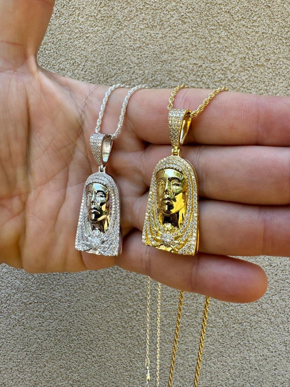 MOISSANITE Our Lady Of Sorrows Virgin Mary Pendant - 14k Yellow Gold Vermeil Or 925 Silver - Medium 1.75"