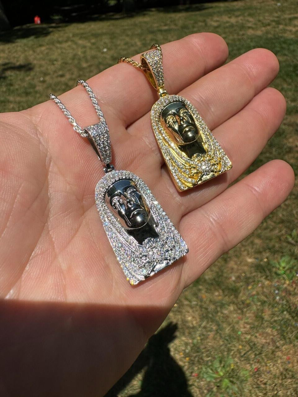 MOISSANITE Our Lady Of Sorrows Virgin Mary Pendant - 14k Yellow Gold Vermeil Or 925 Silver - Medium 1.75"