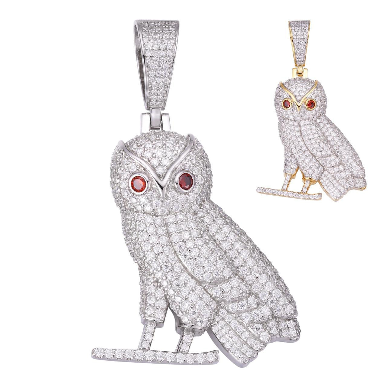 MOISSANITE Owl Iced Out Pendant - 14k Gold Vermeil Or 925 Silver - Medium 2.25"