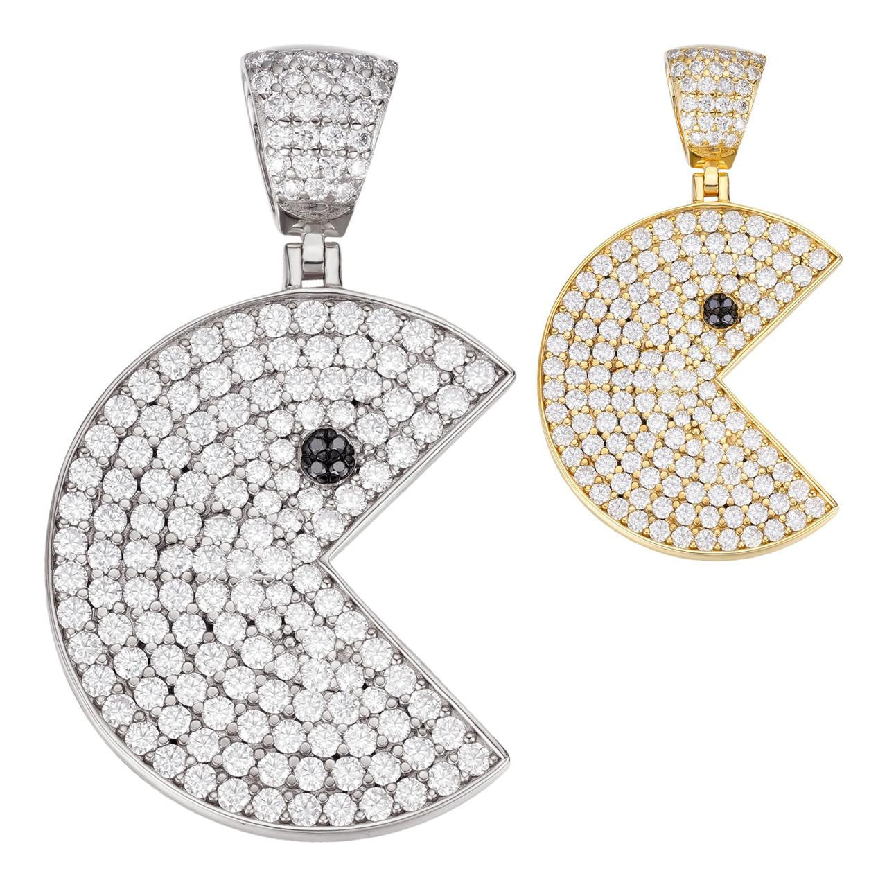 MOISSANITE PACMAN Iced Out Pendant - 14k Gold Vermeil Or 925 Silver - Medium 1.75"