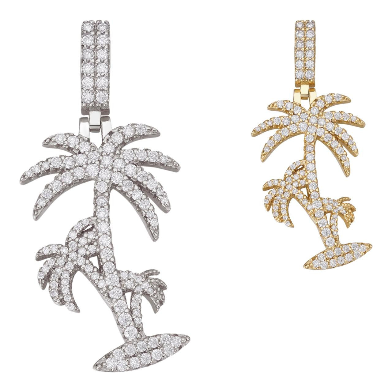 MOISSANITE Palm Tree Iced Out Pendant - 14k Gold Vermeil Or 925 Silver - Small 1.5"