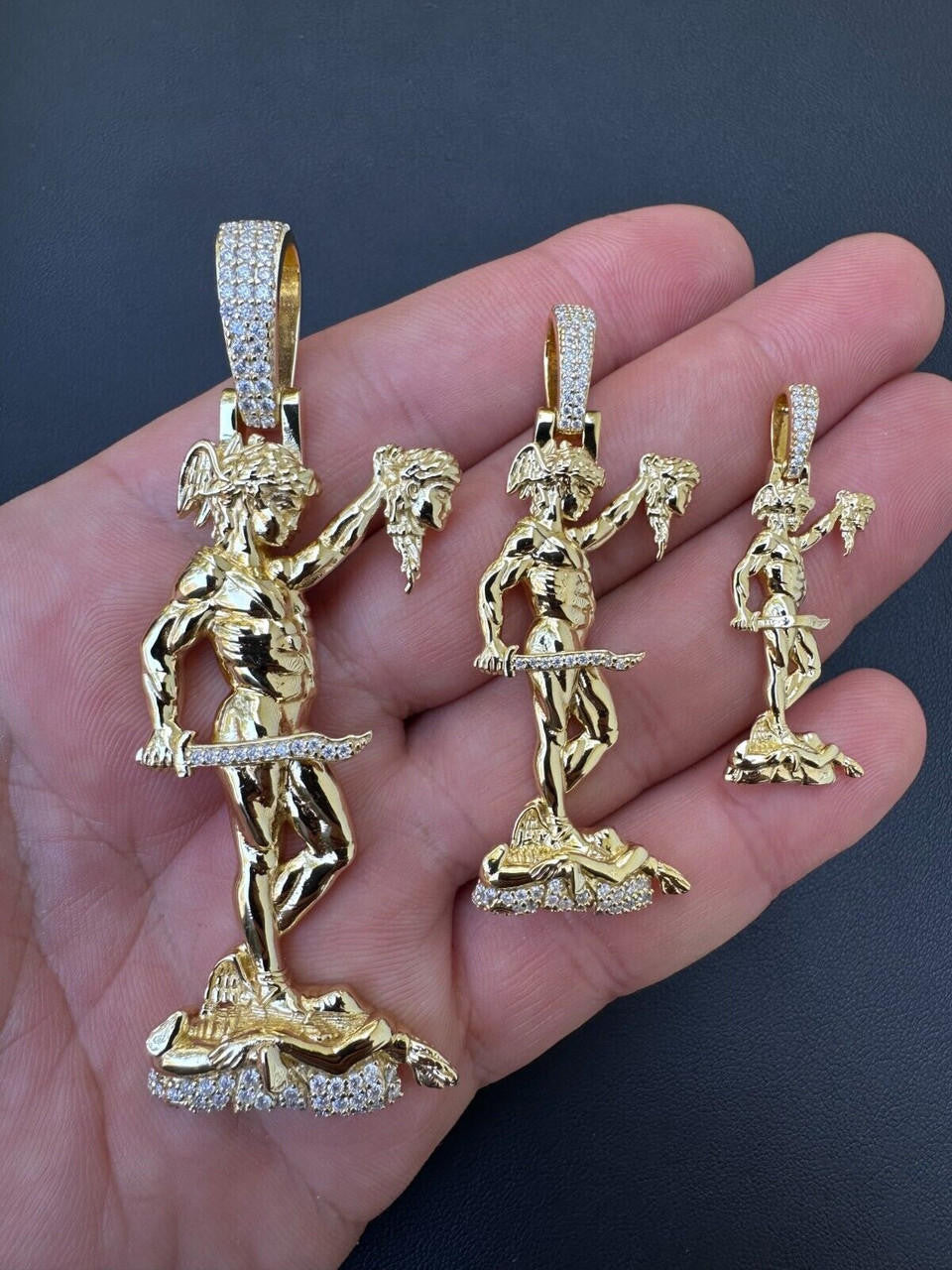 MOISSANITE Perseus W. Medusa Head Pendant - 14k Gold Vermeil 925 Silver - 3 Sizes 1"-3"