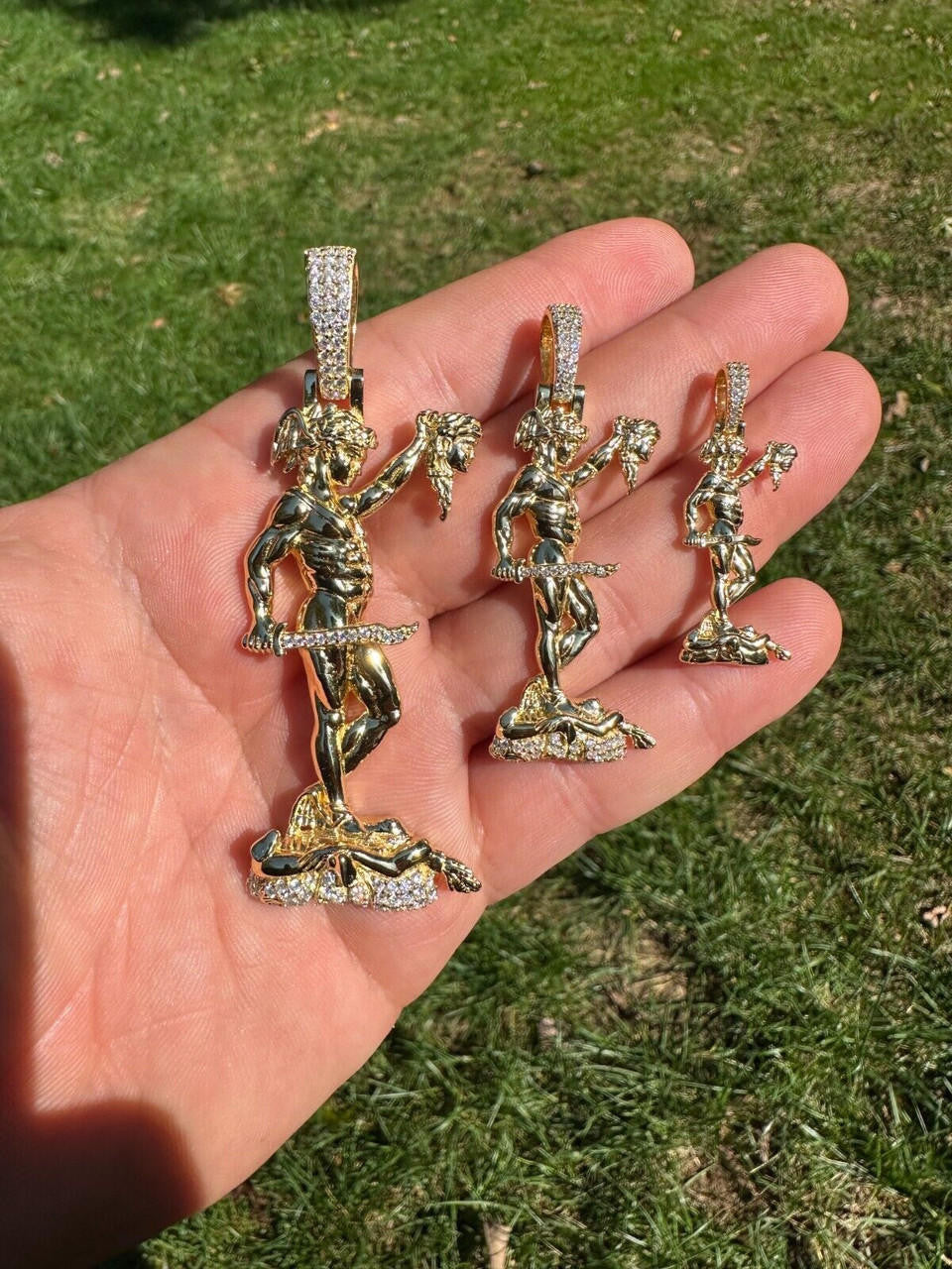 MOISSANITE Perseus W. Medusa Head Pendant - 14k Gold Vermeil 925 Silver - 3 Sizes 1"-3"