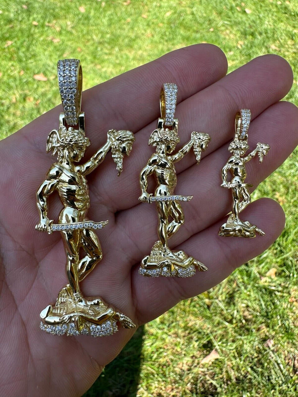 MOISSANITE Perseus W. Medusa Head Pendant - 14k Gold Vermeil 925 Silver - 3 Sizes 1"-3"