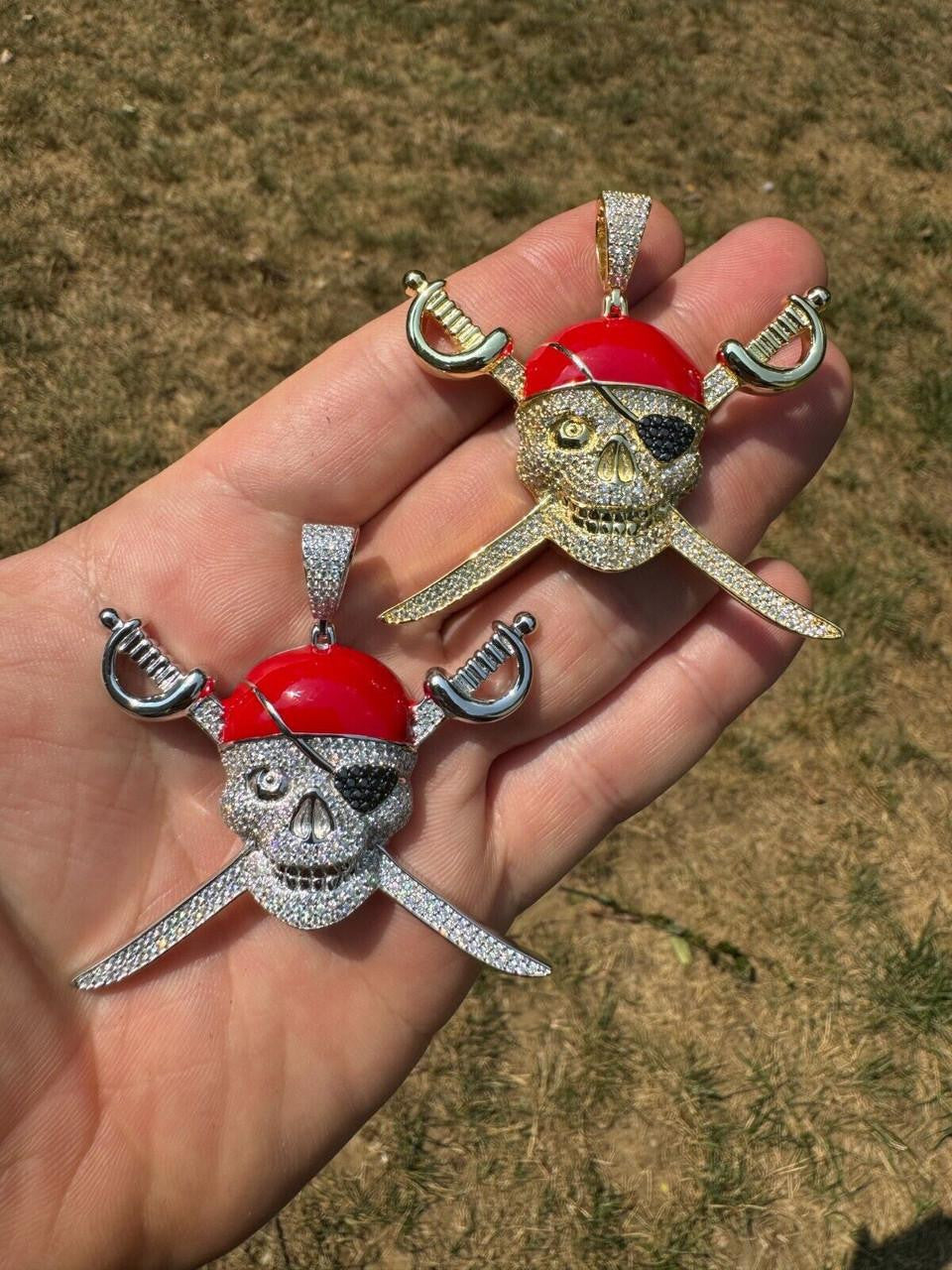 MOISSANITE Pirate Skull & Crossbones Pendant - 14k Gold Vermeil Or 925 Silver - Large 2.25"