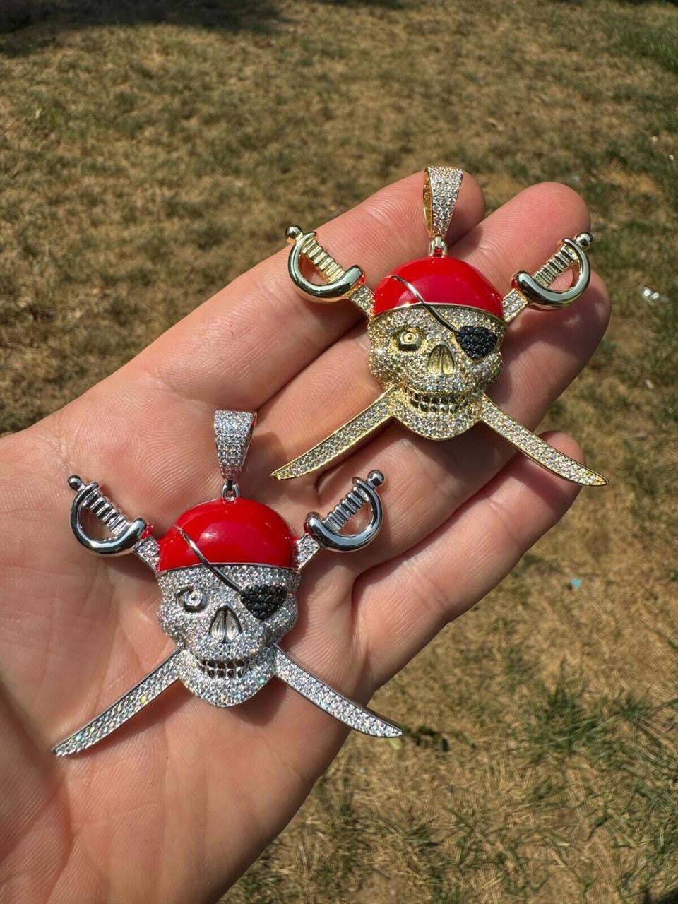 MOISSANITE Pirate Skull & Crossbones Pendant - 14k Gold Vermeil Or 925 Silver - Large 2.25"