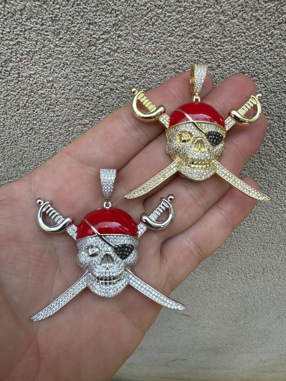 MOISSANITE Pirate Skull & Crossbones Pendant - 14k Gold Vermeil Or 925 Silver - Large 2.25"