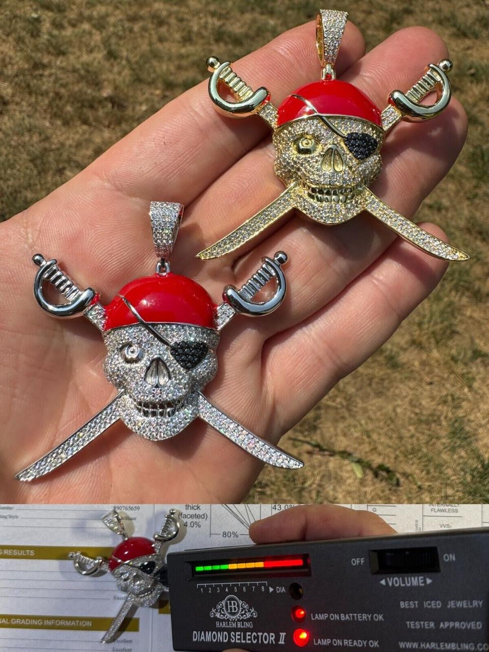 MOISSANITE Pirate Skull & Crossbones Pendant - 14k Gold Vermeil Or 925 Silver - Large 2.25"