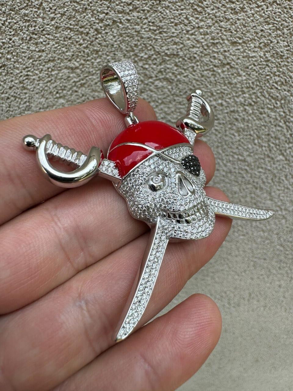 MOISSANITE Pirate Skull & Crossbones Pendant - 14k Gold Vermeil Or 925 Silver - Large 2.25"