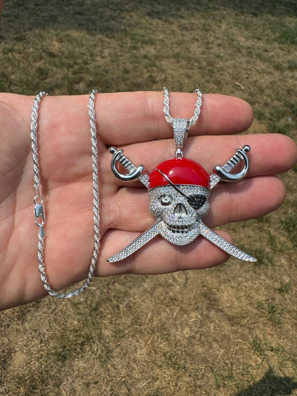 MOISSANITE Pirate Skull & Crossbones Pendant - 14k Gold Vermeil Or 925 Silver - Large 2.25"