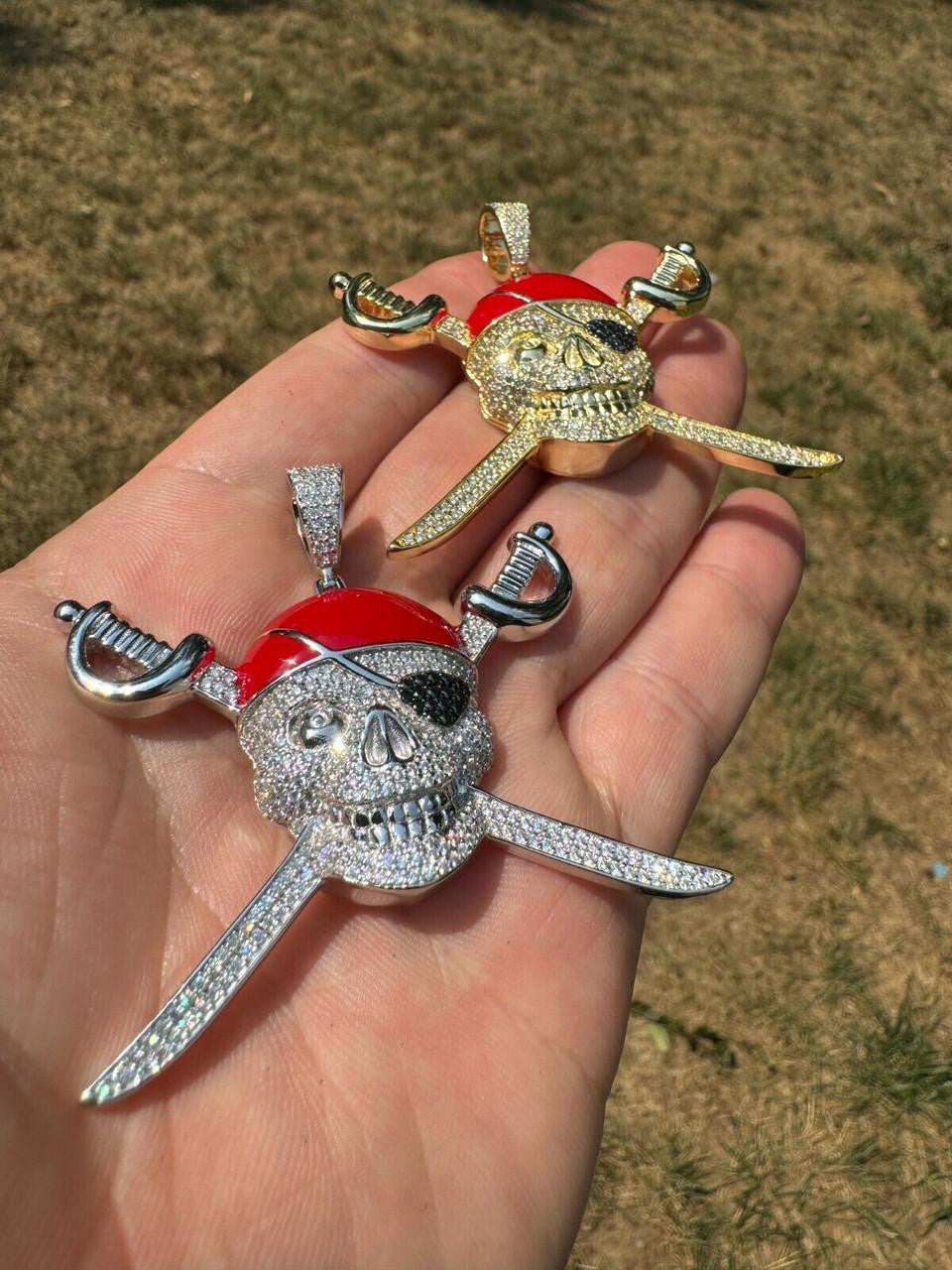 MOISSANITE Pirate Skull & Crossbones Pendant - 14k Gold Vermeil Or 925 Silver - Large 2.25"