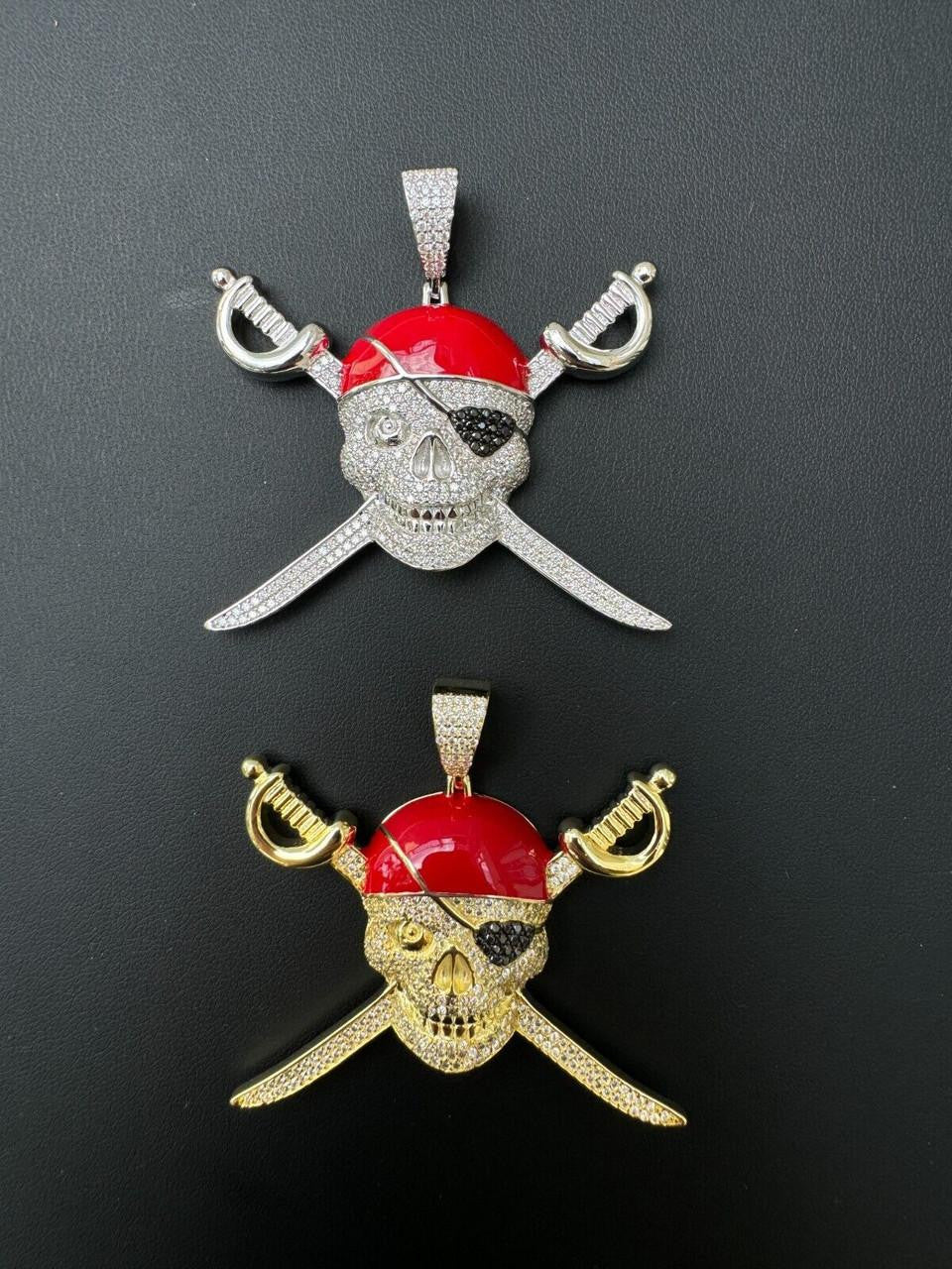 MOISSANITE Pirate Skull & Crossbones Pendant - 14k Gold Vermeil Or 925 Silver - Large 2.25"
