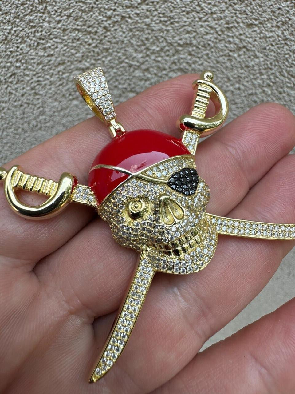 MOISSANITE Pirate Skull & Crossbones Pendant - 14k Gold Vermeil Or 925 Silver - Large 2.25"