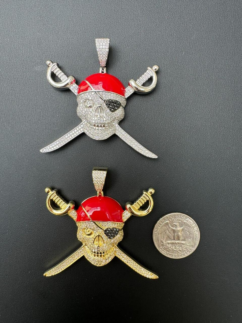 MOISSANITE Pirate Skull & Crossbones Pendant - 14k Gold Vermeil Or 925 Silver - Large 2.25"