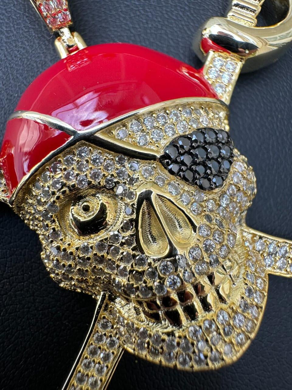 MOISSANITE Pirate Skull & Crossbones Pendant - 14k Gold Vermeil Or 925 Silver - Large 2.25"
