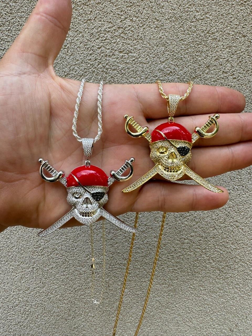 MOISSANITE Pirate Skull & Crossbones Pendant - 14k Gold Vermeil Or 925 Silver - Large 2.25"