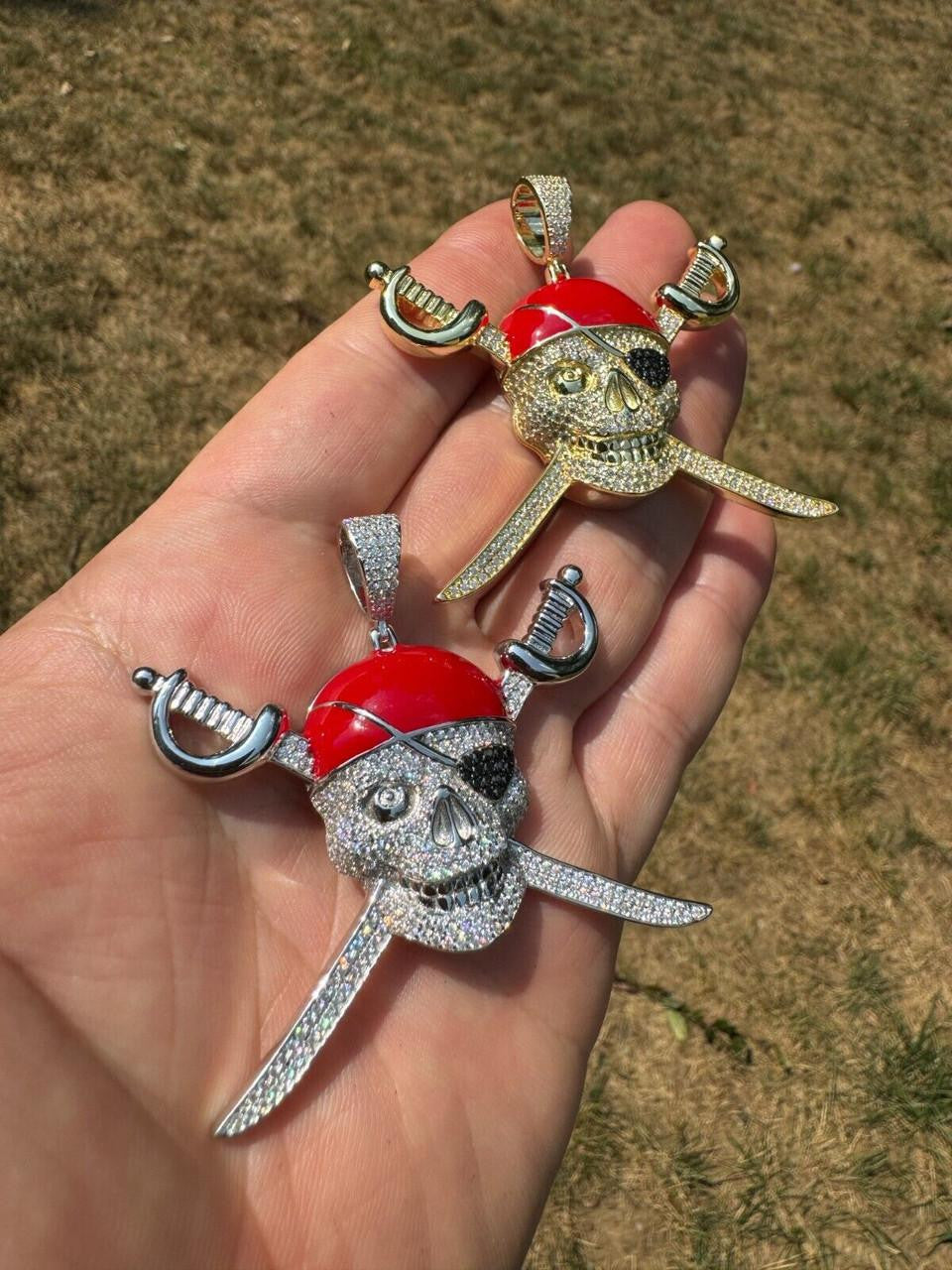 MOISSANITE Pirate Skull & Crossbones Pendant - 14k Gold Vermeil Or 925 Silver - Large 2.25"
