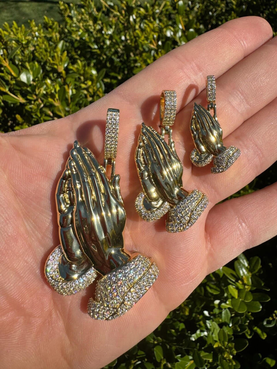 MOISSANITE Praying Folded Hands Religious Pendant - 14k Gold Vermeil 925 Silver - 3 Sizes 1.25"-2.75"