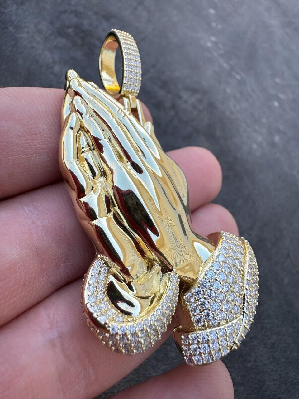 MOISSANITE Praying Folded Hands Religious Pendant - 14k Gold Vermeil 925 Silver - 3 Sizes 1.25"-2.75"
