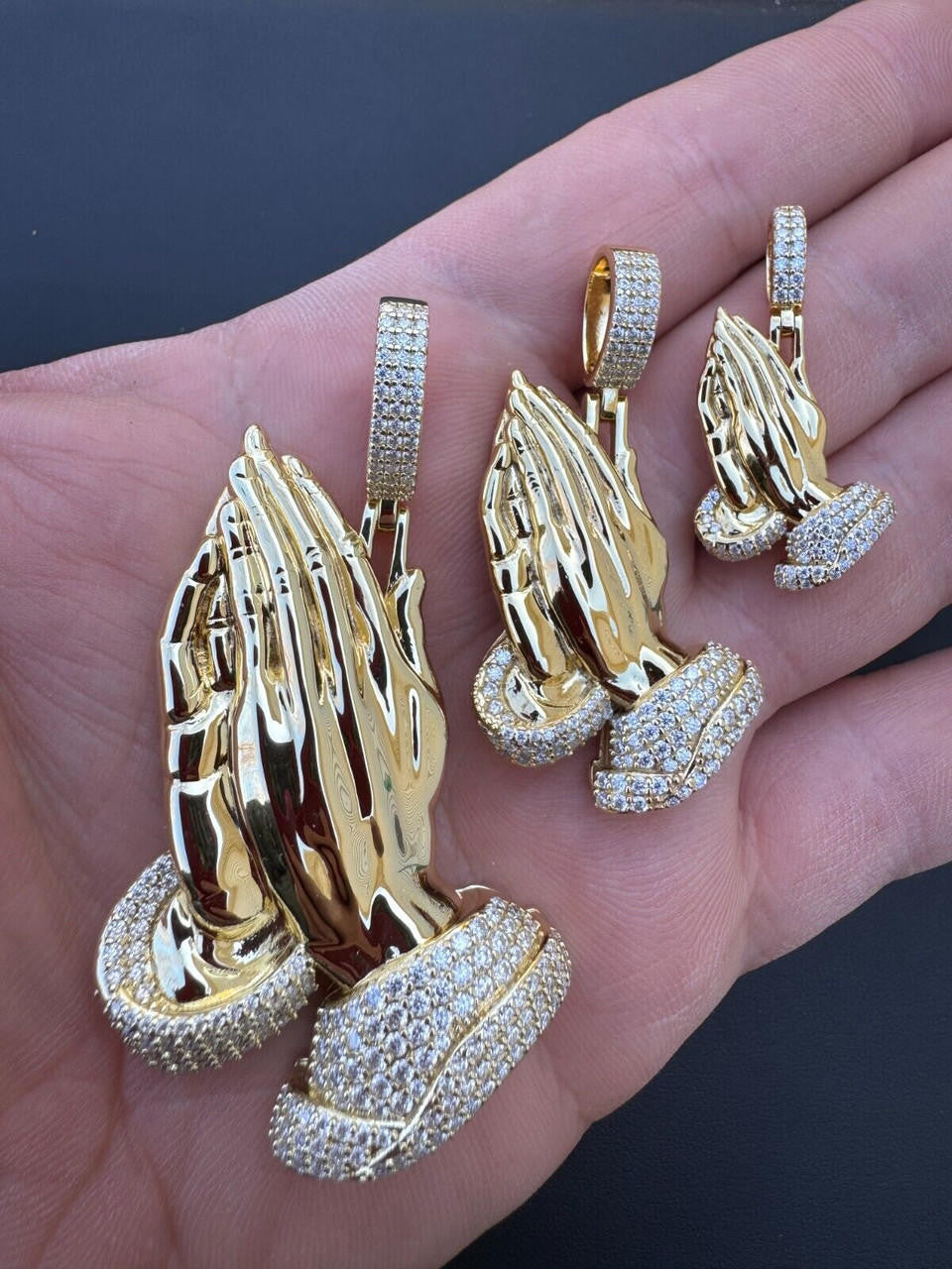 MOISSANITE Praying Folded Hands Religious Pendant - 14k Gold Vermeil 925 Silver - 3 Sizes 1.25"-2.75"