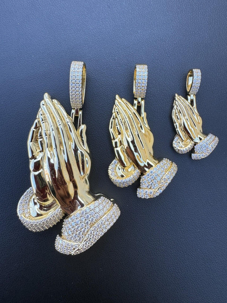 MOISSANITE Praying Folded Hands Religious Pendant - 14k Gold Vermeil 925 Silver - 3 Sizes 1.25"-2.75"