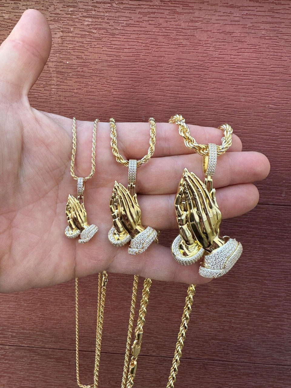MOISSANITE Praying Folded Hands Religious Pendant - 14k Gold Vermeil 925 Silver - 3 Sizes 1.25"-2.75"
