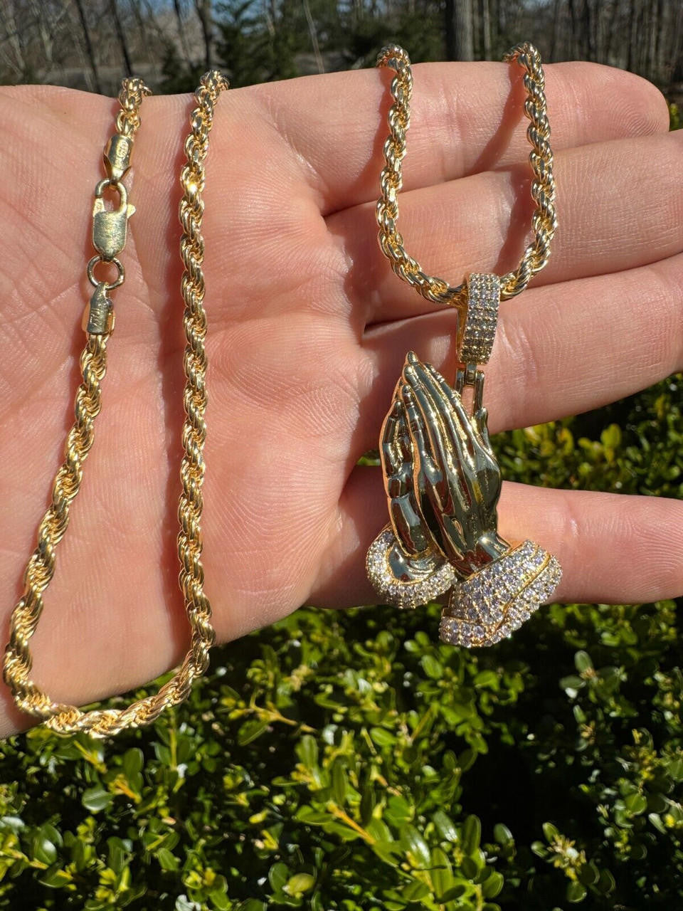 MOISSANITE Praying Folded Hands Religious Pendant - 14k Gold Vermeil 925 Silver - 3 Sizes 1.25"-2.75"