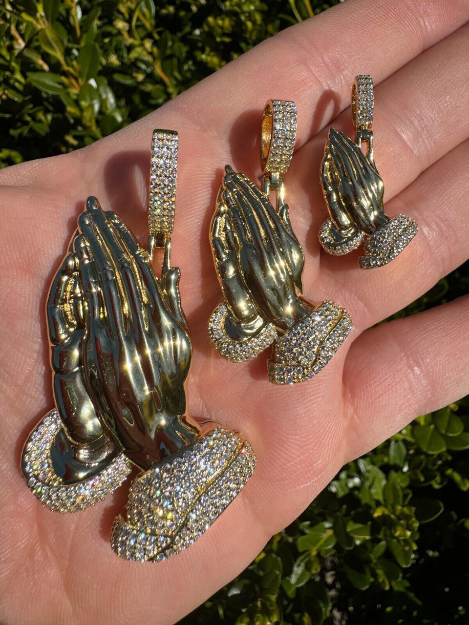 MOISSANITE Praying Folded Hands Religious Pendant - 14k Gold Vermeil 925 Silver - 3 Sizes 1.25"-2.75"